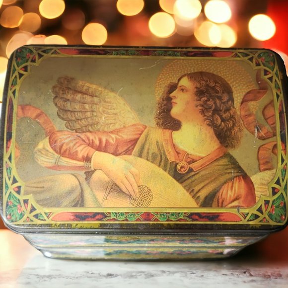 Hinged Vintage Christmas Tin Box with Angel and Mandolin on the Lid - Picture 1 of 9